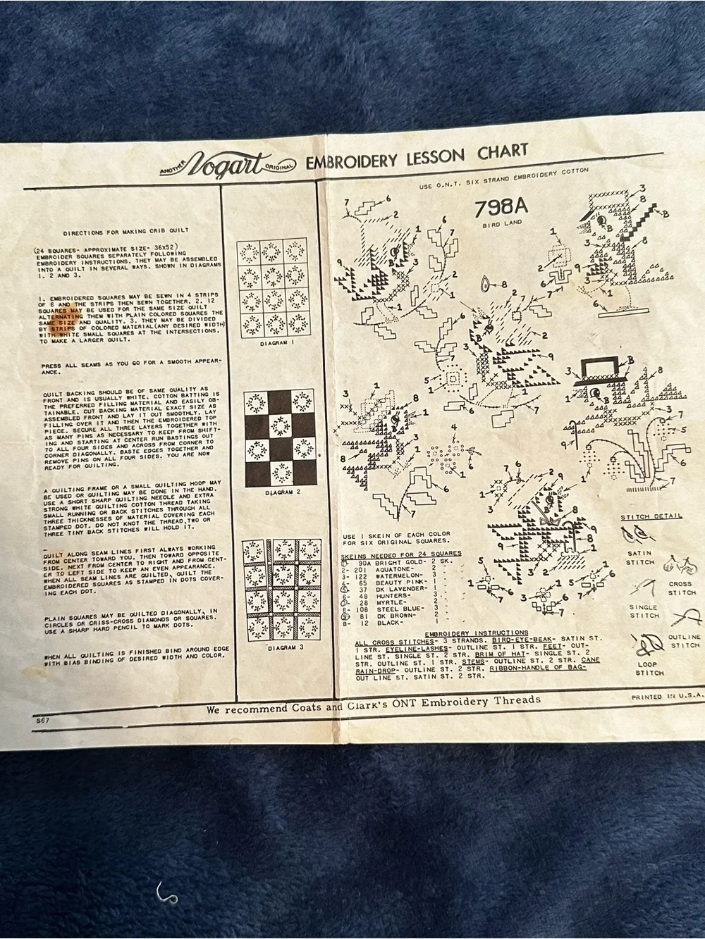 Vintage Whacky Birds Hand-Embroidered Cotton 9x9 Baby Quilt Blocks - 12 Complete